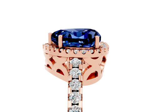 Rose gold Heart Cut Blue Sapphire Halo Engagement Ring with Pavé Band and Prong Setting_17