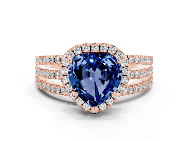 Rose gold Heart Cut Blue Sapphire Halo Engagement Ring with Split Shank and Four-Prong Setting