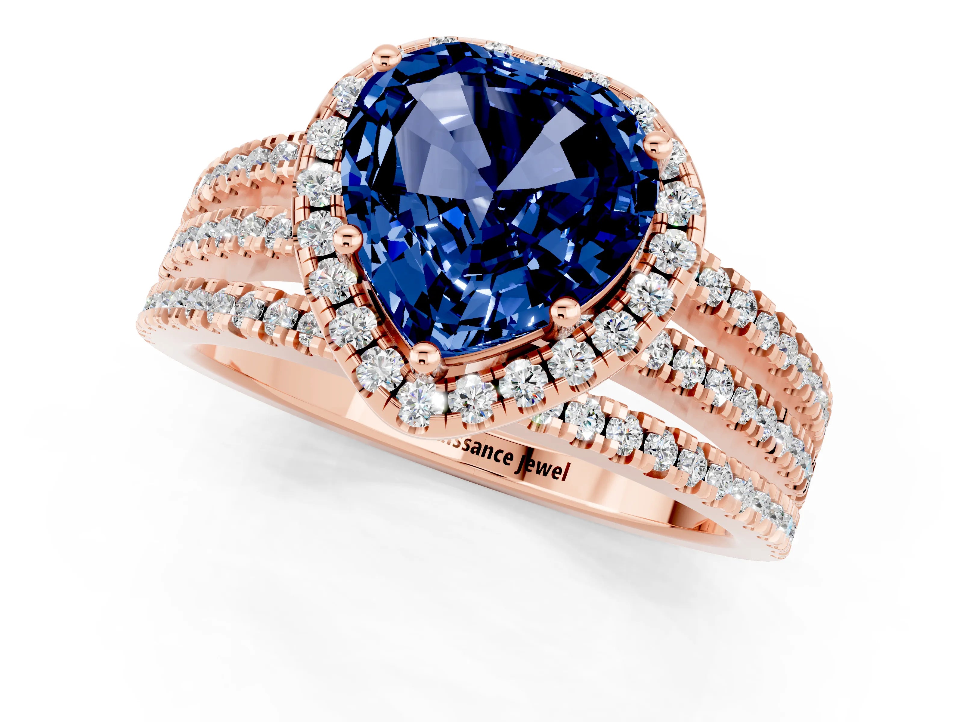 Rose gold Heart Cut Blue Sapphire Halo Engagement Ring with Split Shank and Four-Prong Setting_1