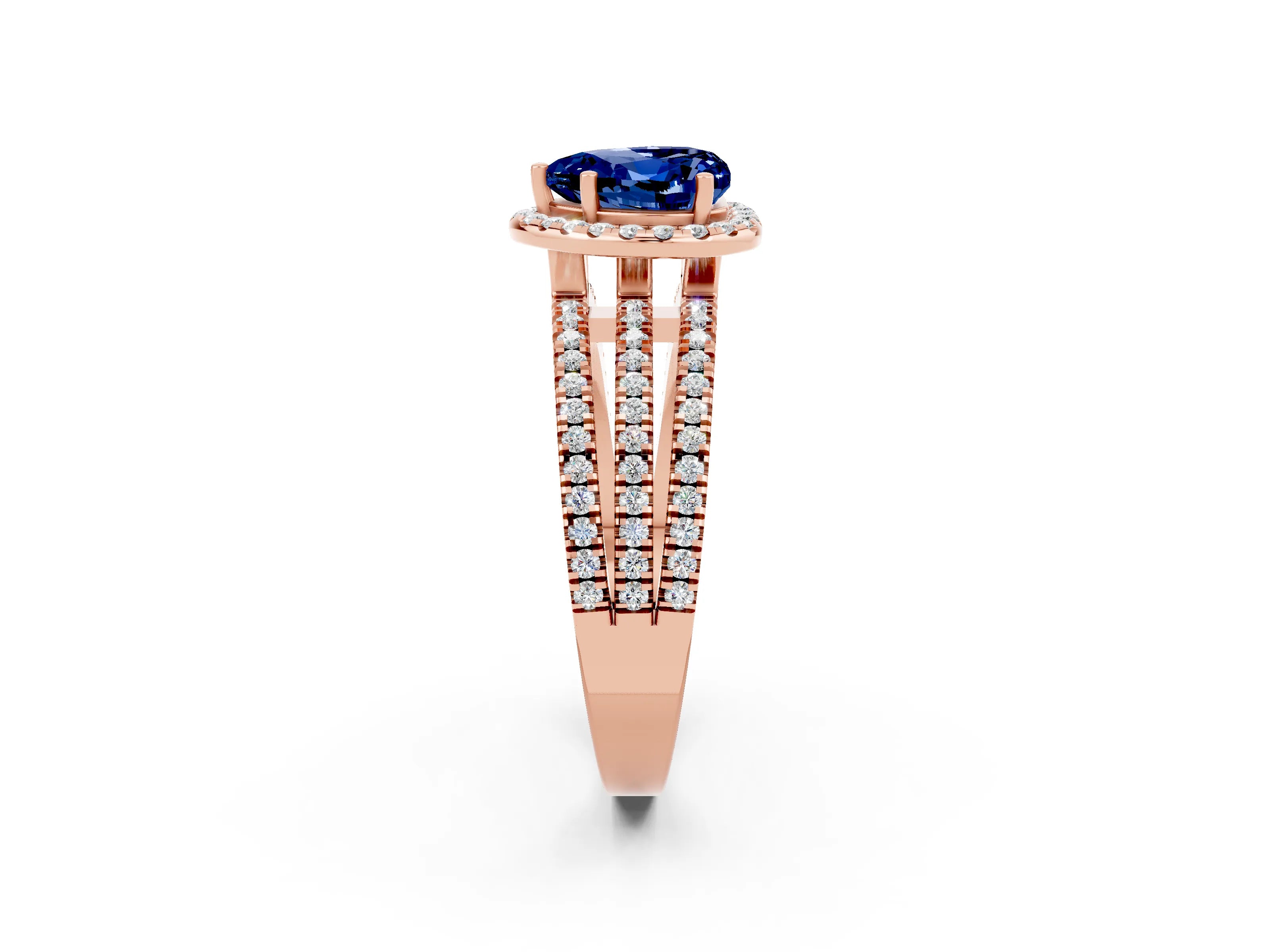 Rose gold Heart Cut Blue Sapphire Halo Engagement Ring with Split Shank and Four-Prong Setting_2