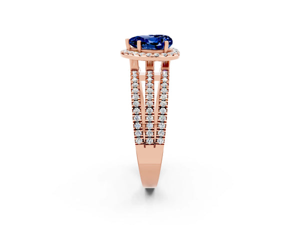 Rose gold Heart Cut Blue Sapphire Halo Engagement Ring with Split Shank and Four-Prong Setting