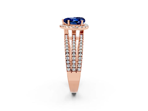 Rose gold Heart Cut Blue Sapphire Halo Engagement Ring with Split Shank and Four-Prong Setting_2