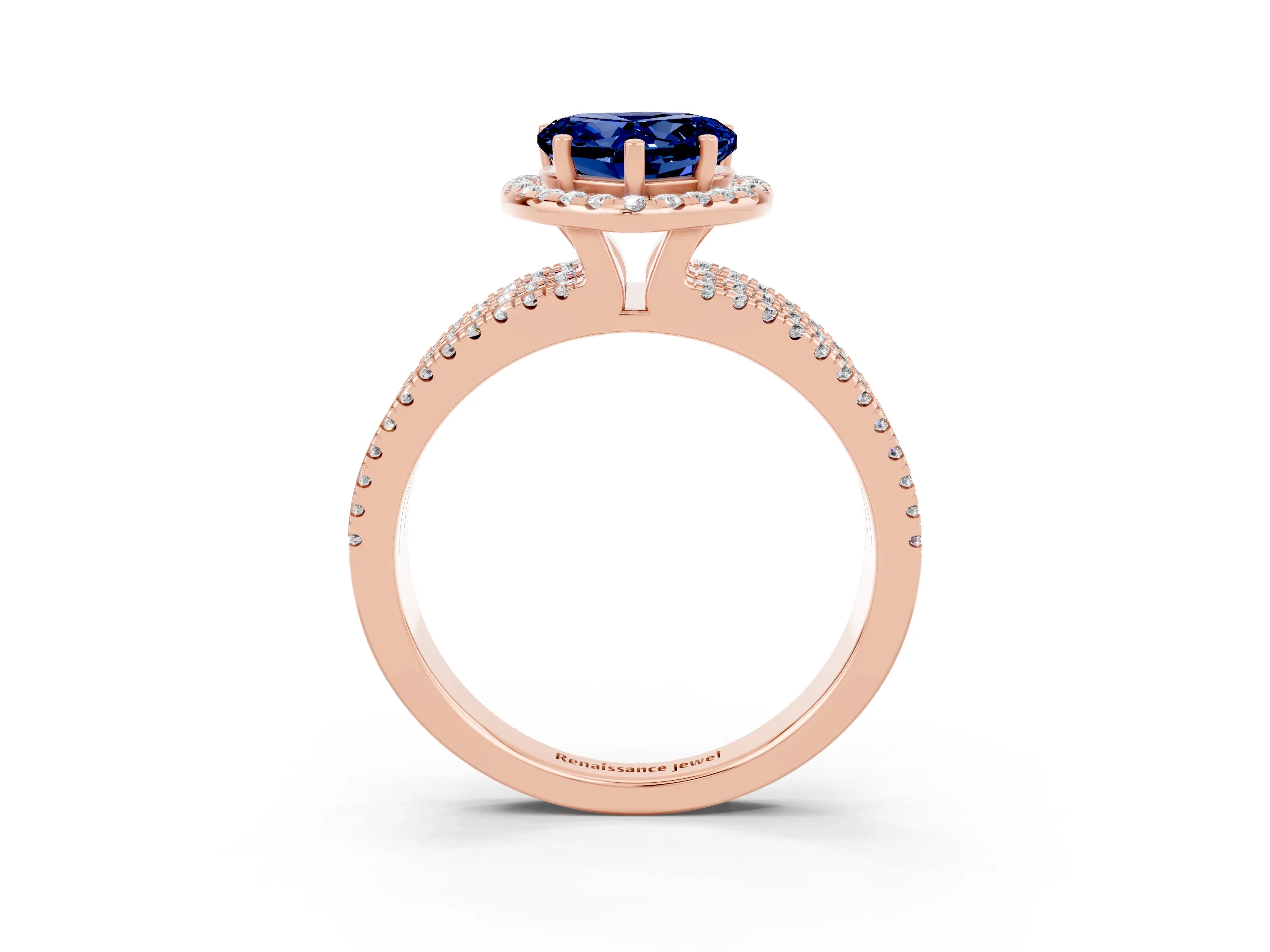 Rose gold Heart Cut Blue Sapphire Halo Engagement Ring with Split Shank and Four-Prong Setting_3