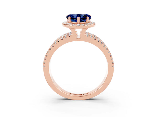 Rose gold Heart Cut Blue Sapphire Halo Engagement Ring with Split Shank and Four-Prong Setting
