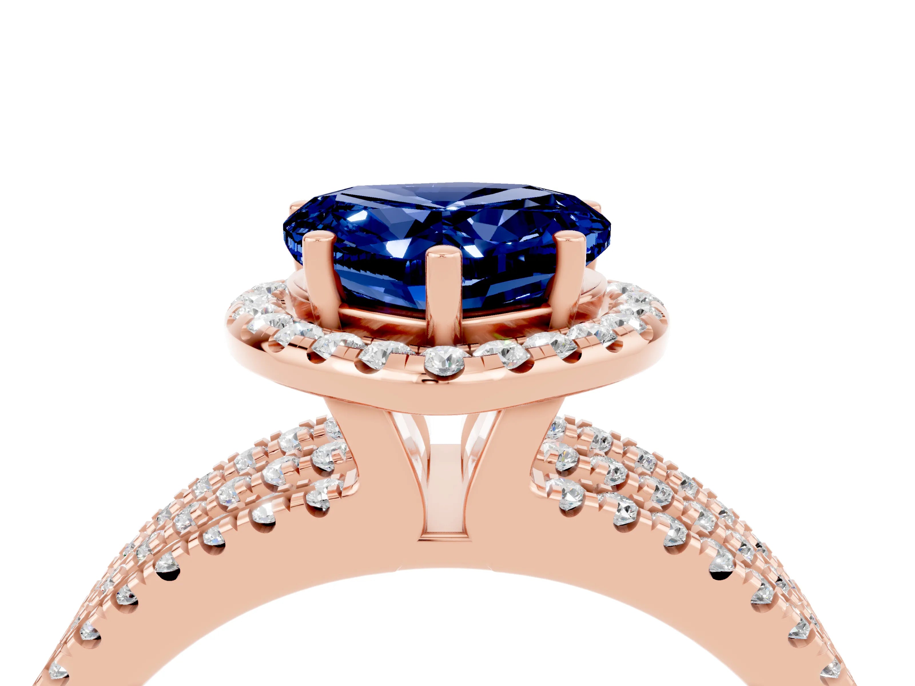 Rose gold Heart Cut Blue Sapphire Halo Engagement Ring with Split Shank and Four-Prong Setting_4
