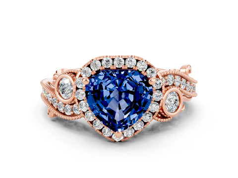 Rose gold Heart Cut Blue Sapphire Halo Ring with Milgrain Pavé Band and Four-Prong Setting_12