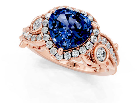 Rose gold Heart Cut Blue Sapphire Halo Ring with Milgrain Pavé Band and Four-Prong Setting_13