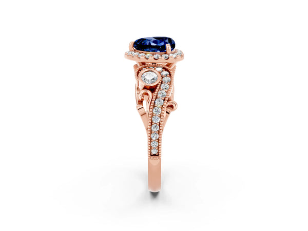 Rose gold Heart Cut Blue Sapphire Halo Ring with Milgrain Pavé Band and Four-Prong Setting