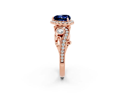 Rose gold Heart Cut Blue Sapphire Halo Ring with Milgrain Pavé Band and Four-Prong Setting_14