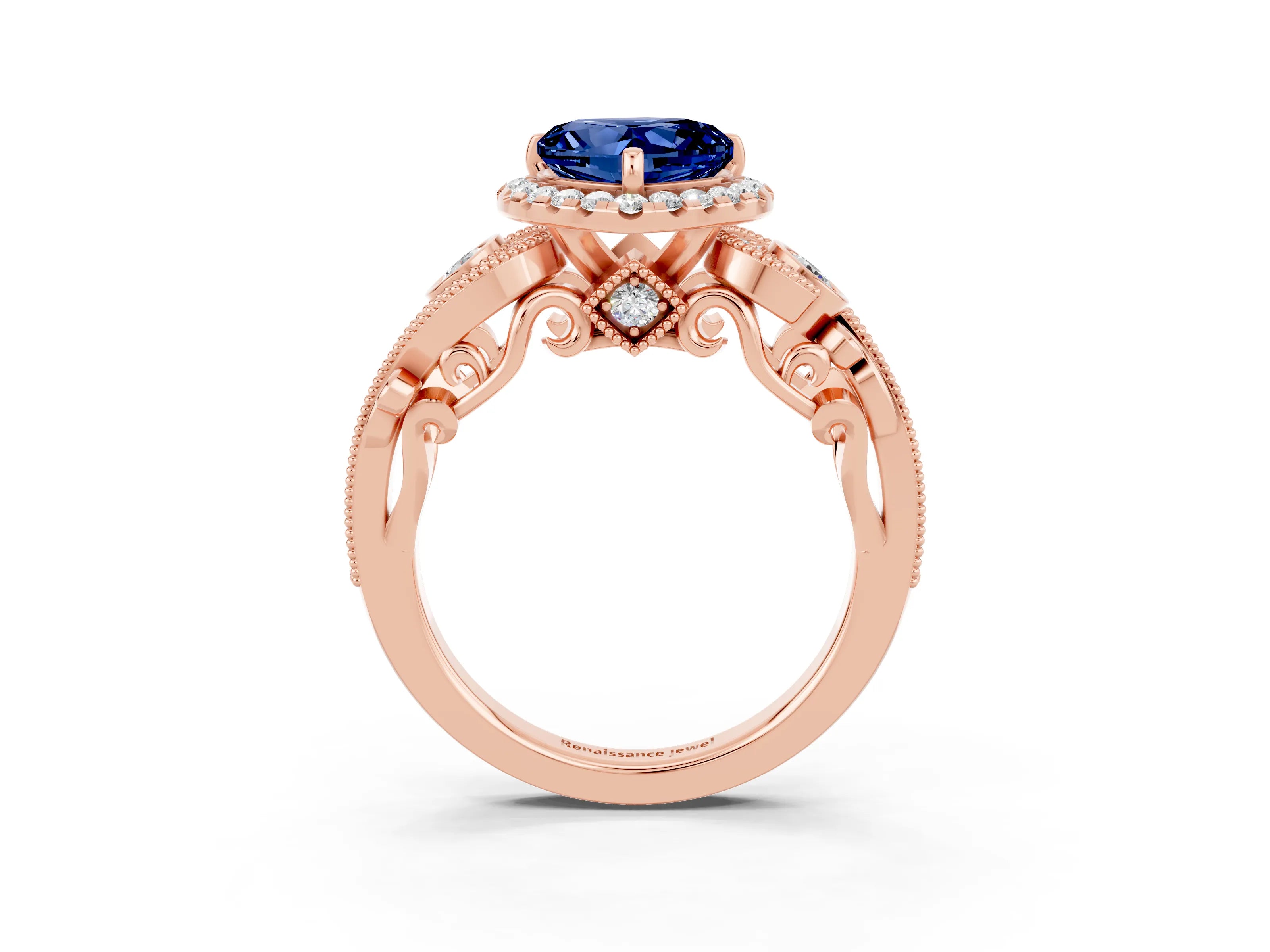 Rose gold Heart Cut Blue Sapphire Halo Ring with Milgrain Pavé Band and Four-Prong Setting_15