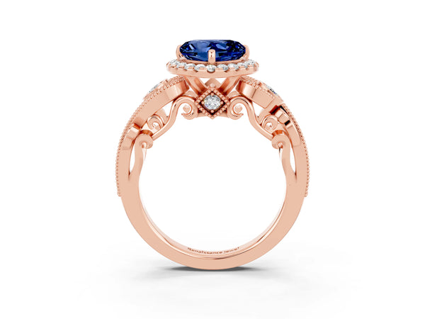 Rose gold Heart Cut Blue Sapphire Halo Ring with Milgrain Pavé Band and Four-Prong Setting