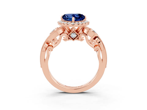 Rose gold Heart Cut Blue Sapphire Halo Ring with Milgrain Pavé Band and Four-Prong Setting_15