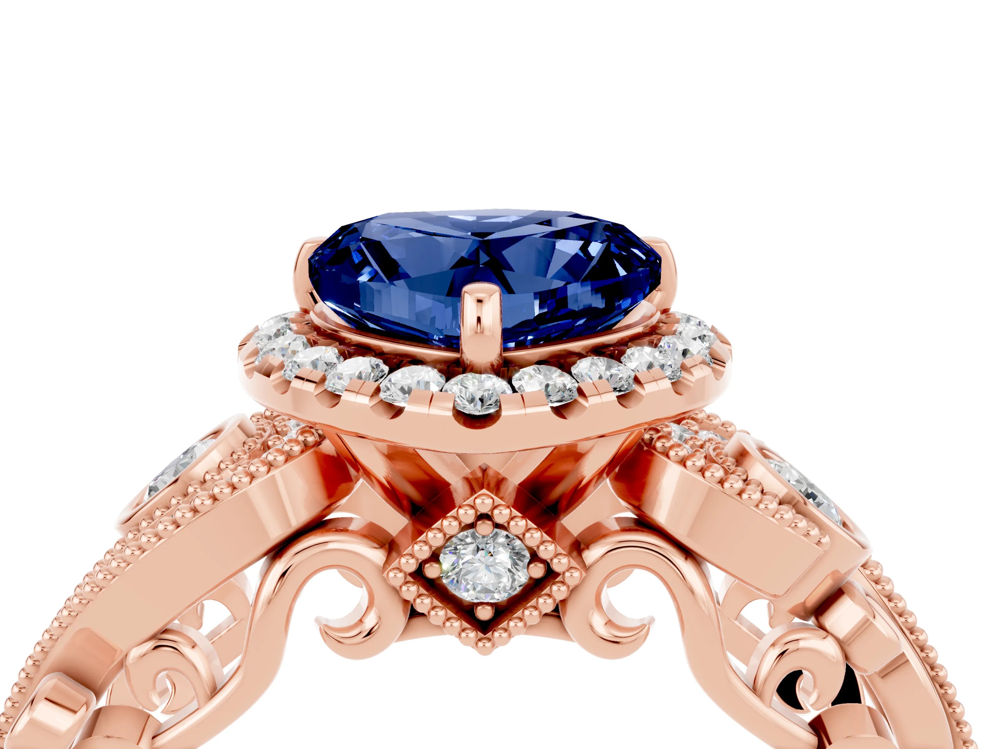 Rose gold Heart Cut Blue Sapphire Halo Ring with Milgrain Pavé Band and Four-Prong Setting_16