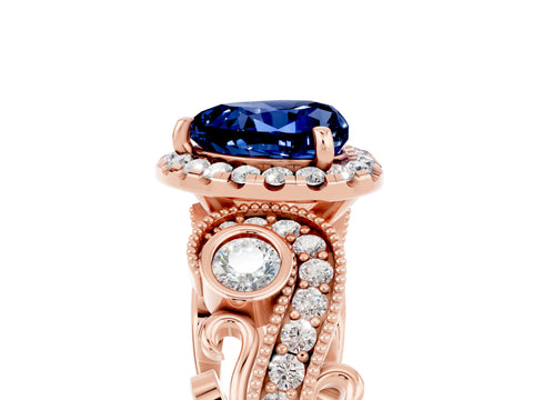 Rose gold Heart Cut Blue Sapphire Halo Ring with Milgrain Pavé Band and Four-Prong Setting_17
