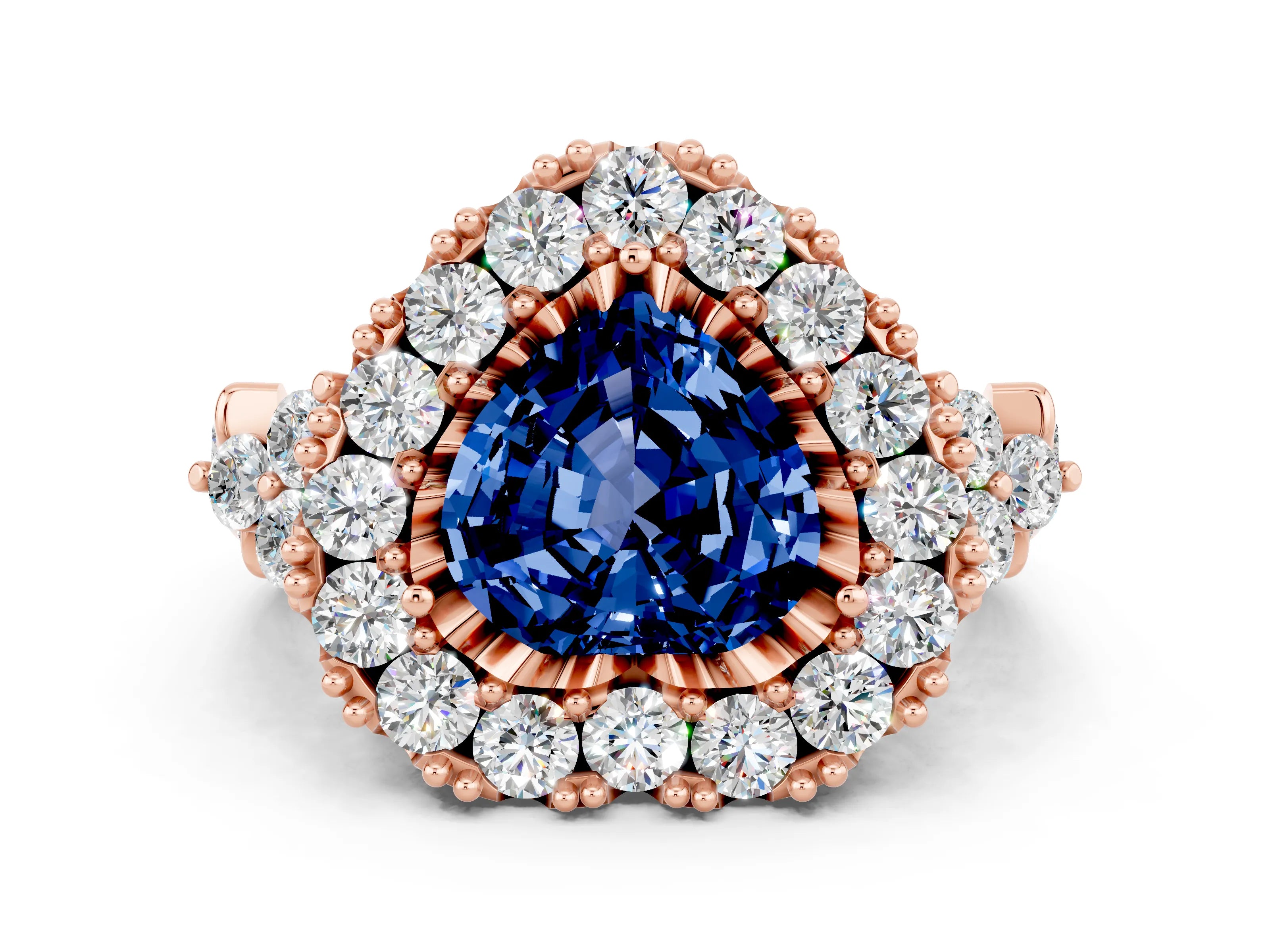 Rose gold Heart Cut Blue Sapphire Halo Ring with Pavé Band and Four-Prong Setting_12