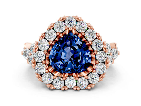 Rose gold Heart Cut Blue Sapphire Halo Ring with Pavé Band and Four-Prong Setting_12