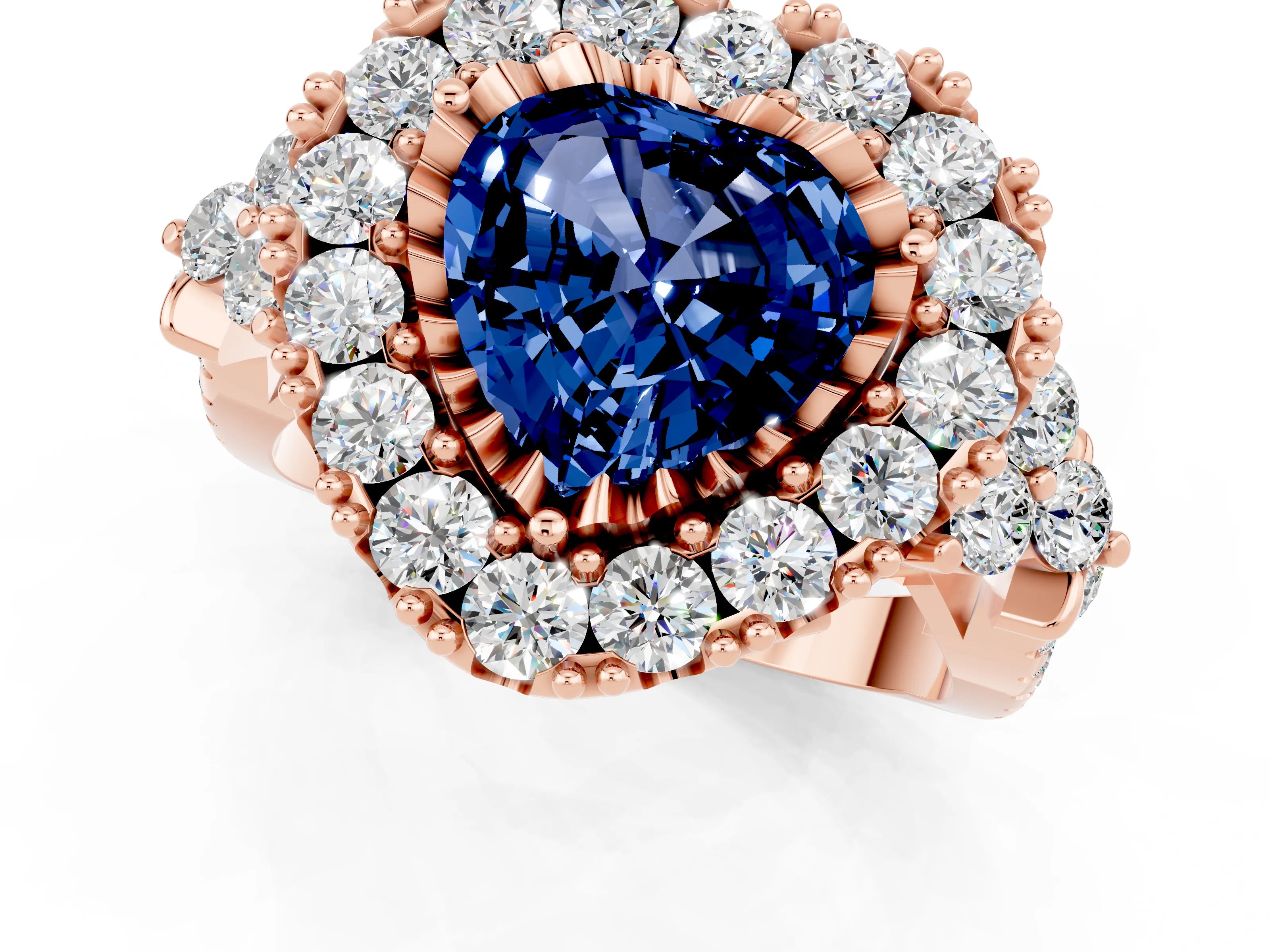 Rose gold Heart Cut Blue Sapphire Halo Ring with Pavé Band and Four-Prong Setting_13
