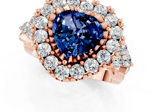 Rose gold Heart Cut Blue Sapphire Halo Ring with Pavé Band and Four-Prong Setting
