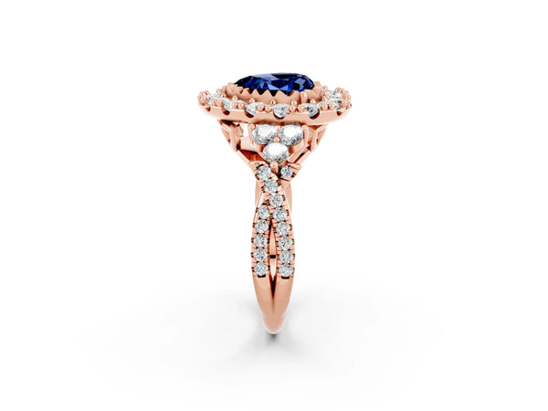 Rose gold Heart Cut Blue Sapphire Halo Ring with Pavé Band and Four-Prong Setting