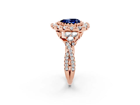 Rose gold Heart Cut Blue Sapphire Halo Ring with Pavé Band and Four-Prong Setting_14
