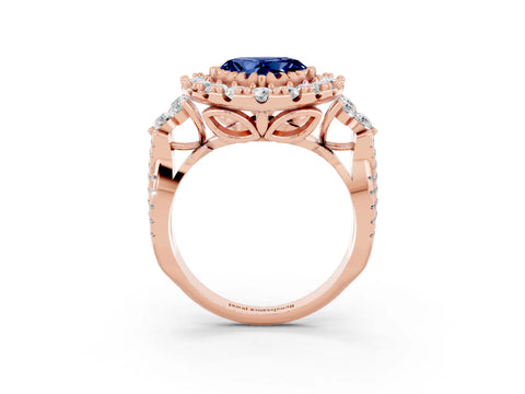 Rose gold Heart Cut Blue Sapphire Halo Ring with Pavé Band and Four-Prong Setting_15