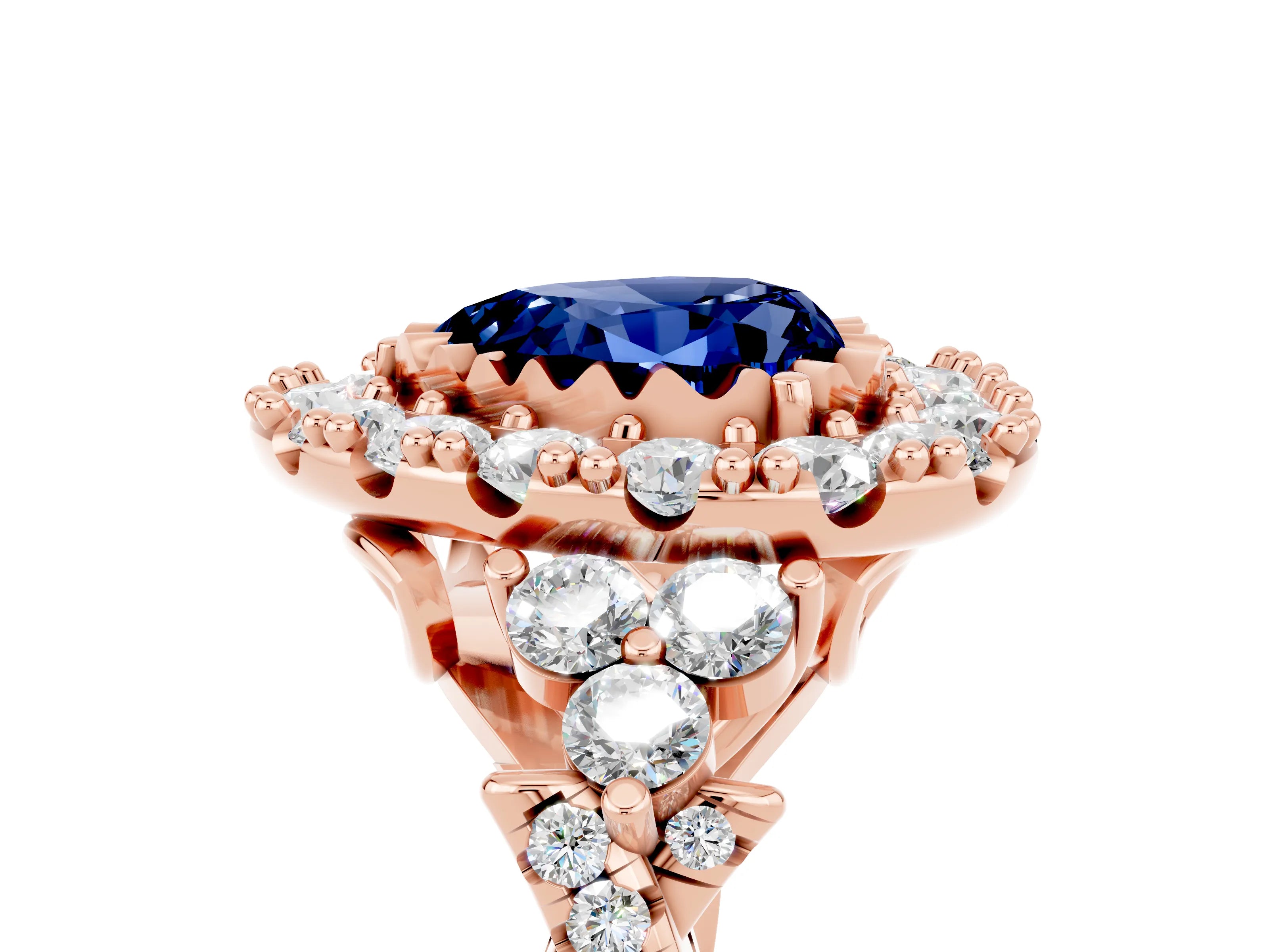 Rose gold Heart Cut Blue Sapphire Halo Ring with Pavé Band and Four-Prong Setting_17