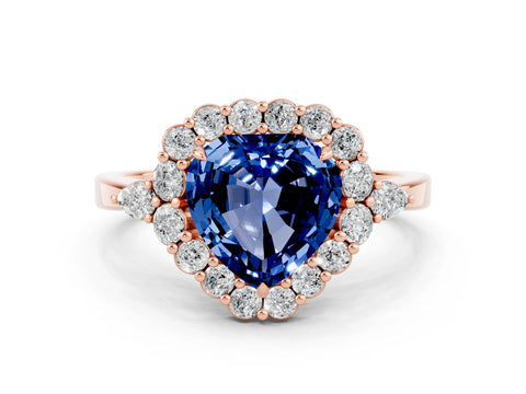 Rose gold Heart Cut Blue Sapphire Halo Ring with Pear Side Stones and Prong Setting_12