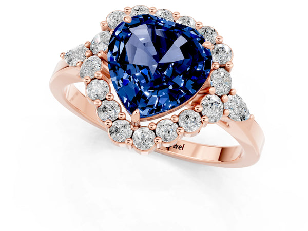 Rose gold Heart Cut Blue Sapphire Halo Ring with Pear Side Stones and Prong Setting