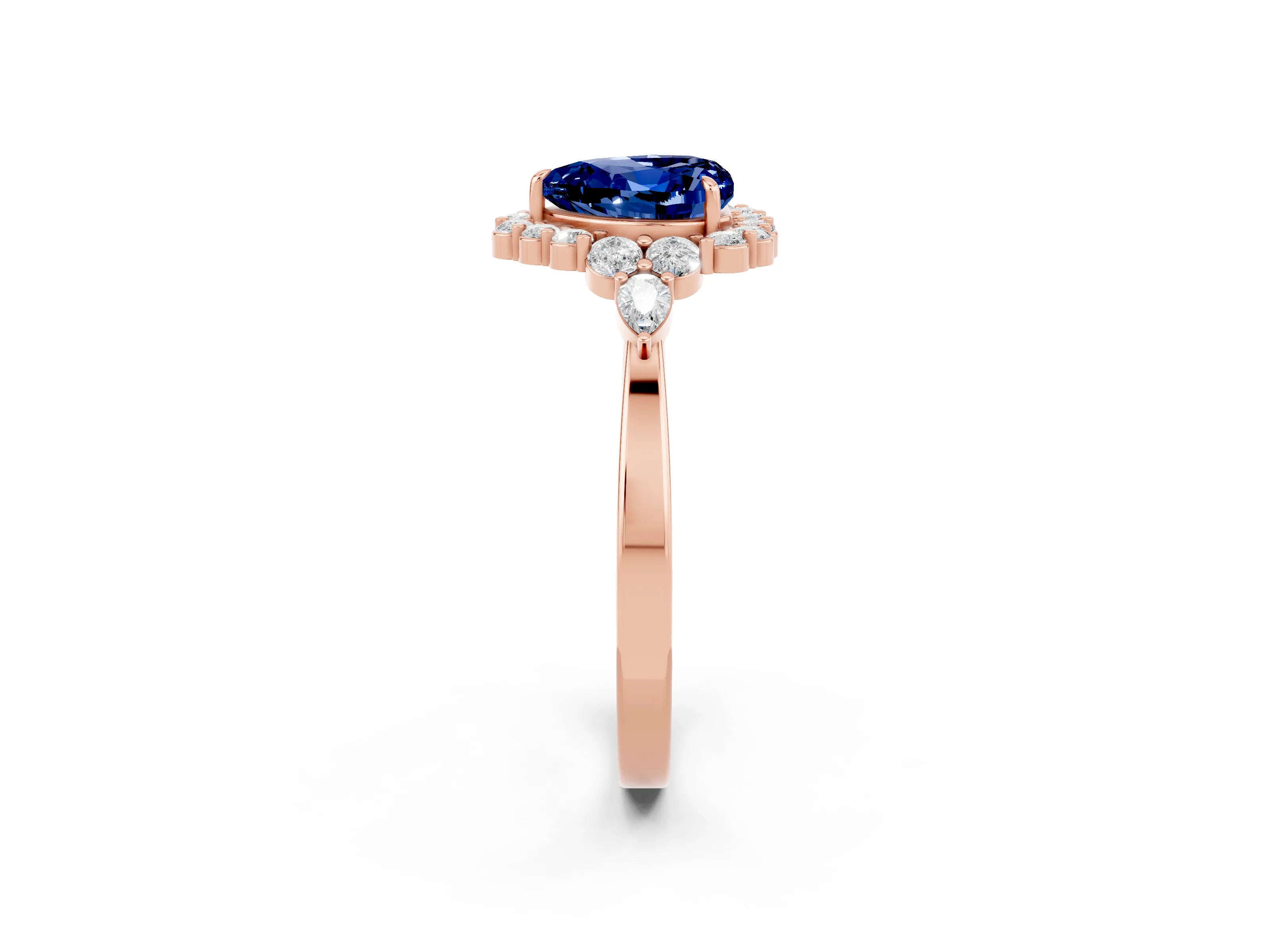 Rose gold Heart Cut Blue Sapphire Halo Ring with Pear Side Stones and Prong Setting_14