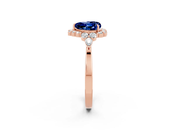 Rose gold Heart Cut Blue Sapphire Halo Ring with Pear Side Stones and Prong Setting