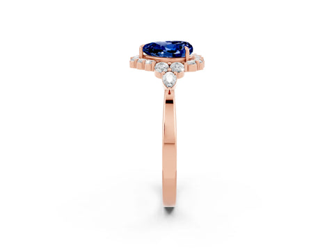 Rose gold Heart Cut Blue Sapphire Halo Ring with Pear Side Stones and Prong Setting_14