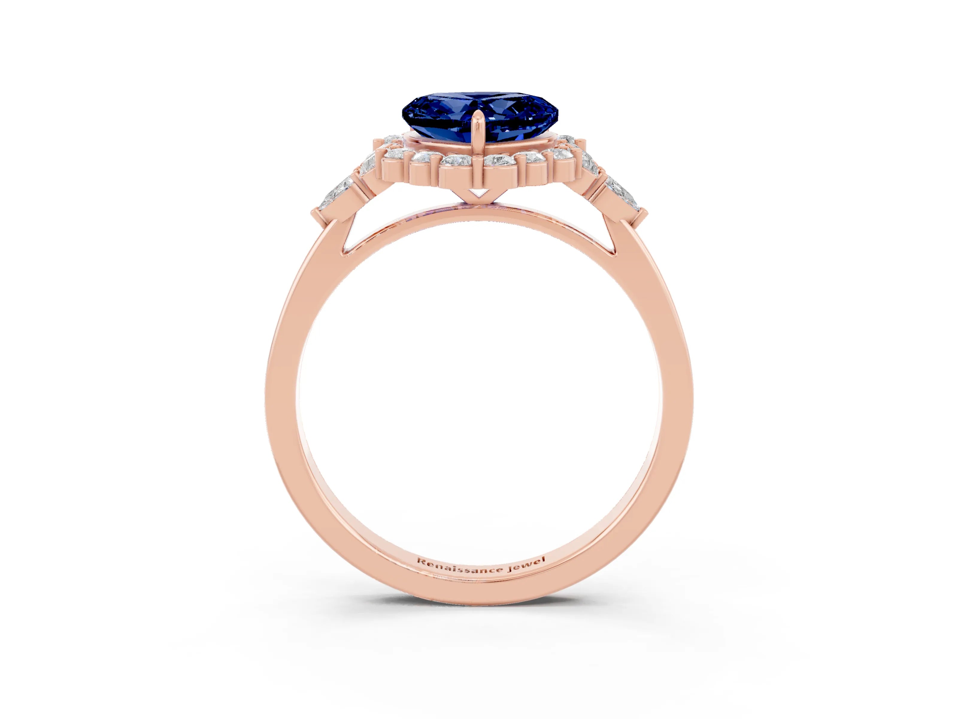Rose gold Heart Cut Blue Sapphire Halo Ring with Pear Side Stones and Prong Setting_15
