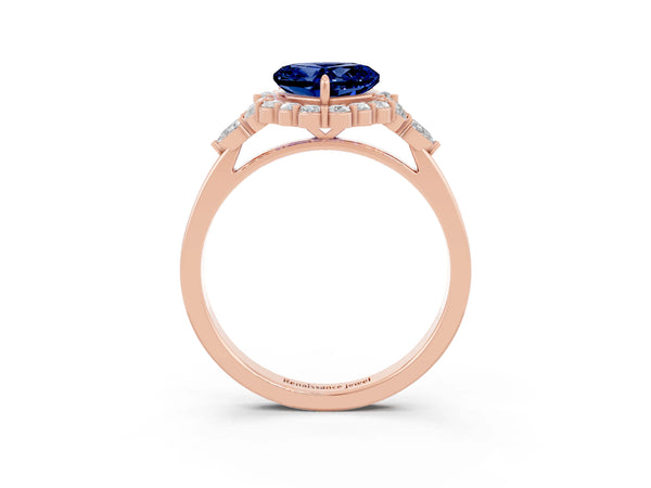 Rose gold Heart Cut Blue Sapphire Halo Ring with Pear Side Stones and Prong Setting
