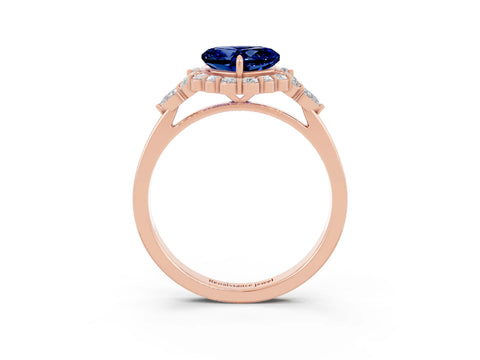 Rose gold Heart Cut Blue Sapphire Halo Ring with Pear Side Stones and Prong Setting_15
