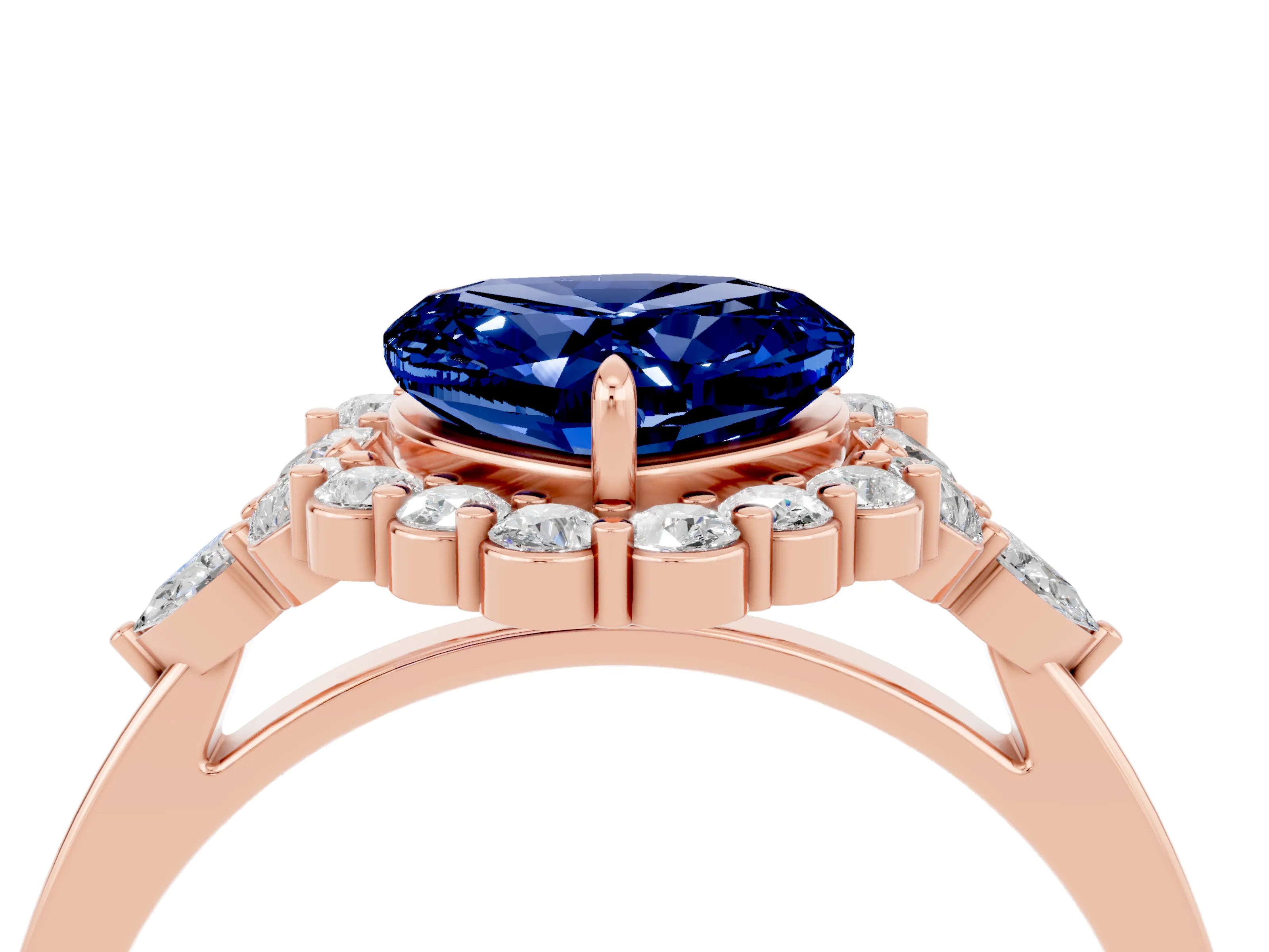 Rose gold Heart Cut Blue Sapphire Halo Ring with Pear Side Stones and Prong Setting_16