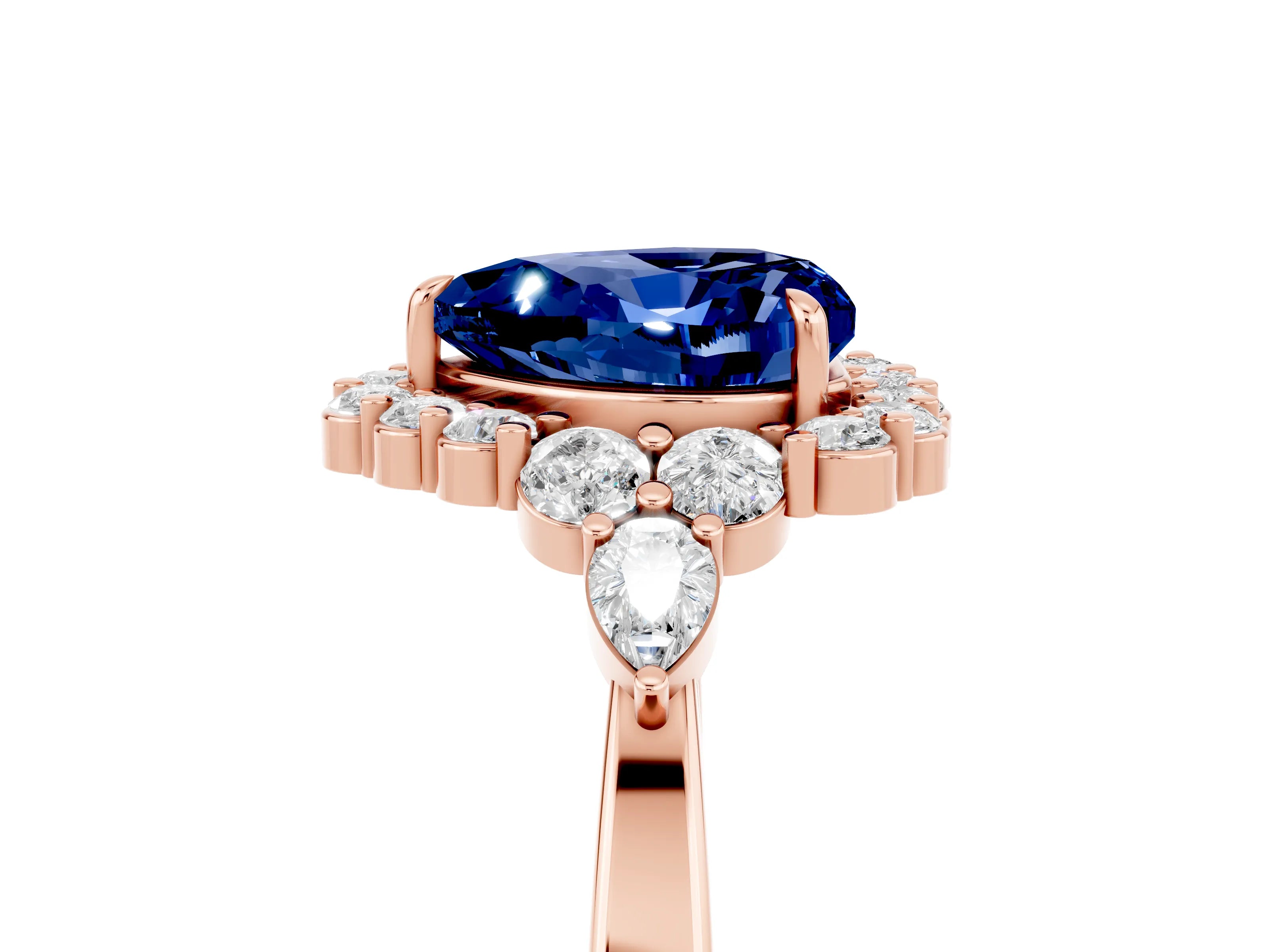Rose gold Heart Cut Blue Sapphire Halo Ring with Pear Side Stones and Prong Setting_17