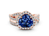 Rose gold Heart Cut Blue Sapphire Halo Ring with Round Split Shank and Prong Setting_48