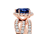 Rose gold Heart Cut Blue Sapphire Halo Ring with Round Split Shank and Prong Setting_53