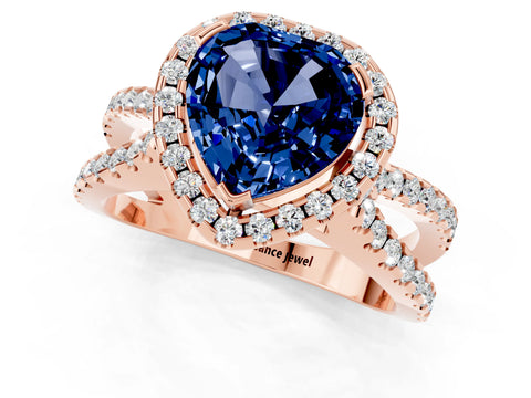 Rose gold Heart Cut Blue Sapphire Halo Ring with Split Shank Pavé Band and Prong Setting_1
