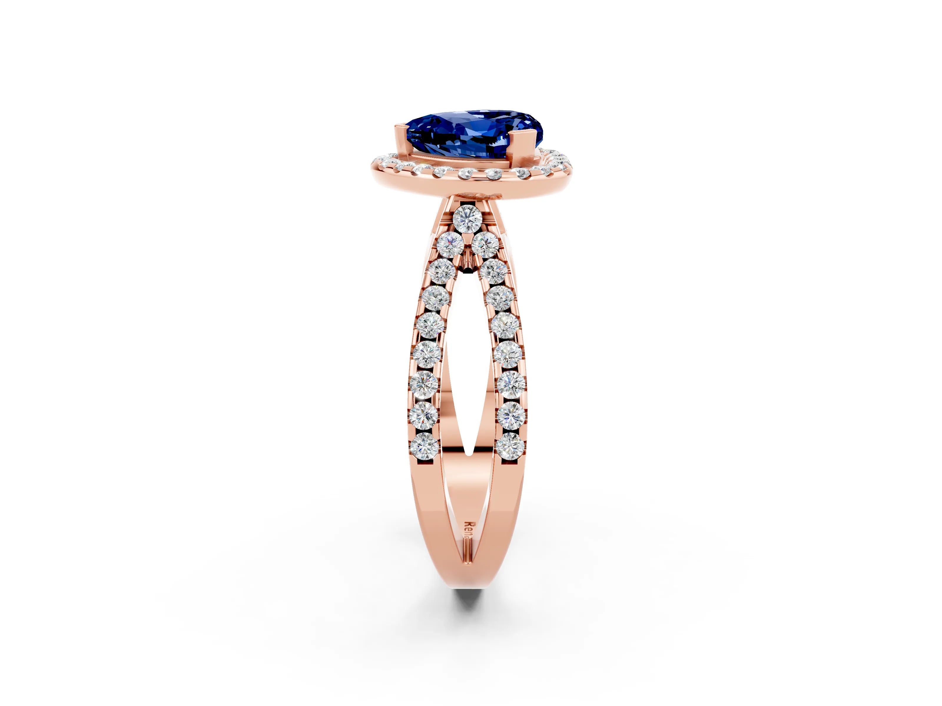 Rose gold Heart Cut Blue Sapphire Halo Ring with Split Shank Pavé Band and Prong Setting_2