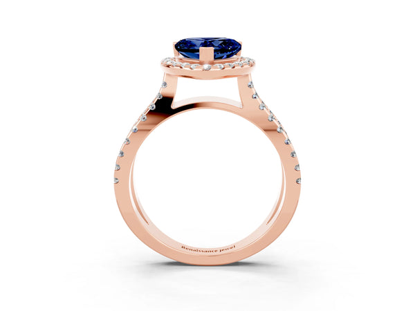 Rose gold Heart Cut Blue Sapphire Halo Ring with Split Shank Pavé Band and Prong Setting