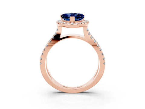 Rose gold Heart Cut Blue Sapphire Halo Ring with Split Shank Pavé Band and Prong Setting_3