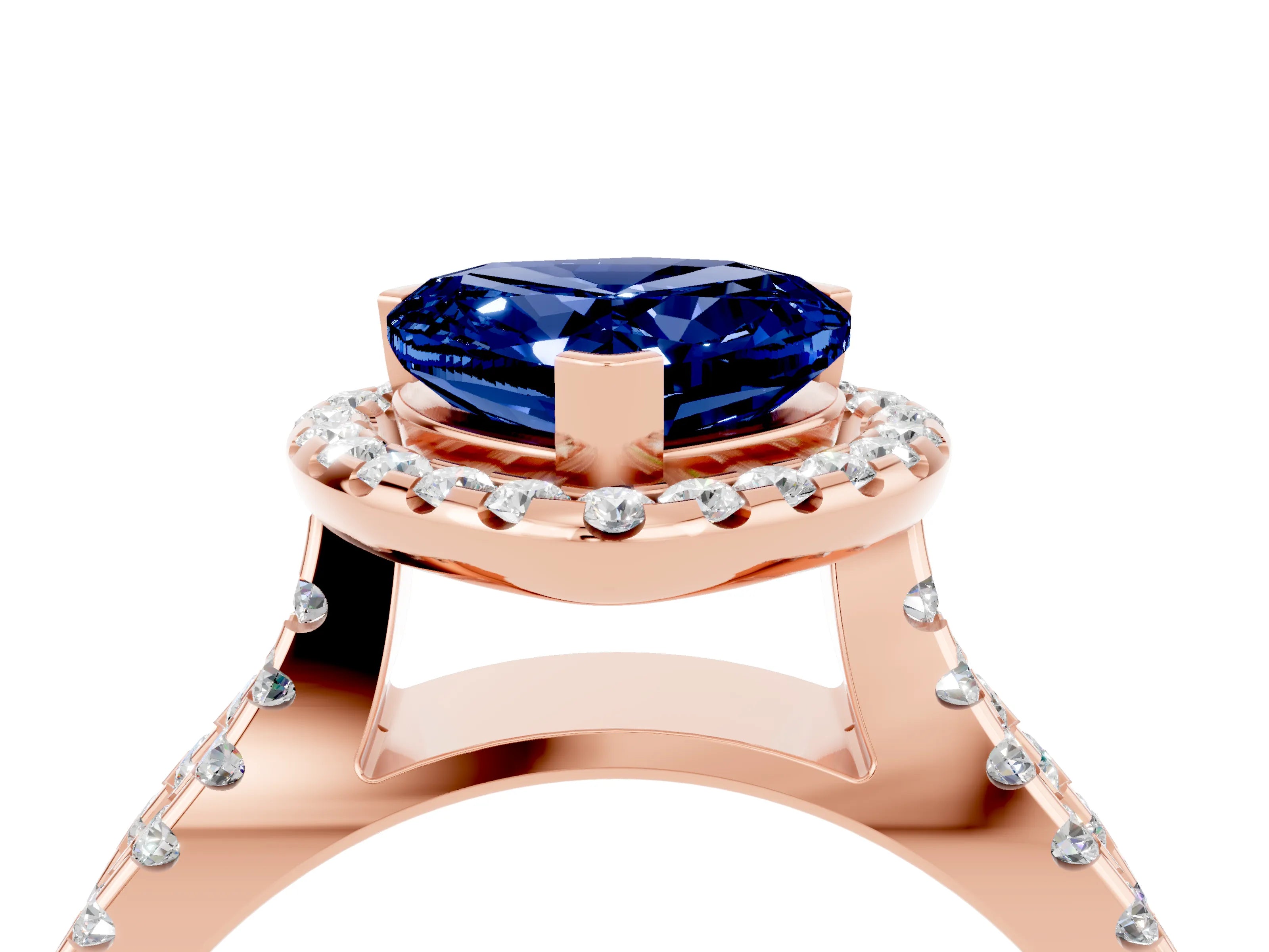 Rose gold Heart Cut Blue Sapphire Halo Ring with Split Shank Pavé Band and Prong Setting_4