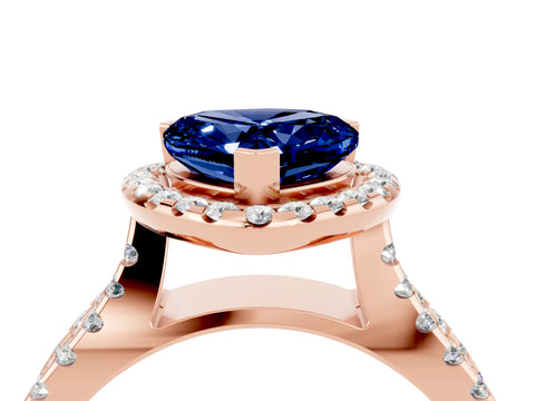 Rose gold Heart Cut Blue Sapphire Halo Ring with Split Shank Pavé Band and Prong Setting_4