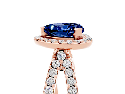 Rose gold Heart Cut Blue Sapphire Halo Ring with Split Shank Pavé Band and Prong Setting_5