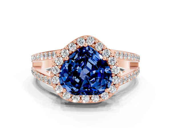 Rose gold Heart Cut Blue Sapphire Halo Ring with Split Shank U-Prong Band and Four-Prong Setting
