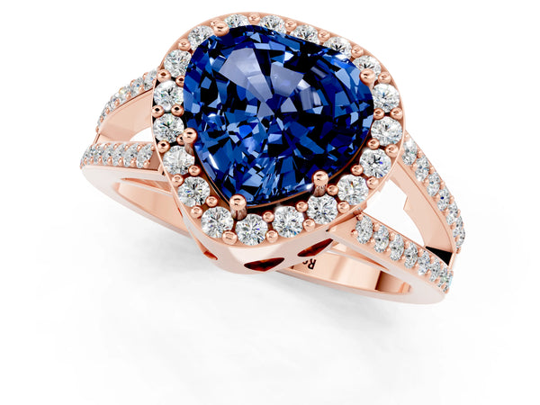 Rose gold Heart Cut Blue Sapphire Halo Ring with Split Shank U-Prong Band and Four-Prong Setting