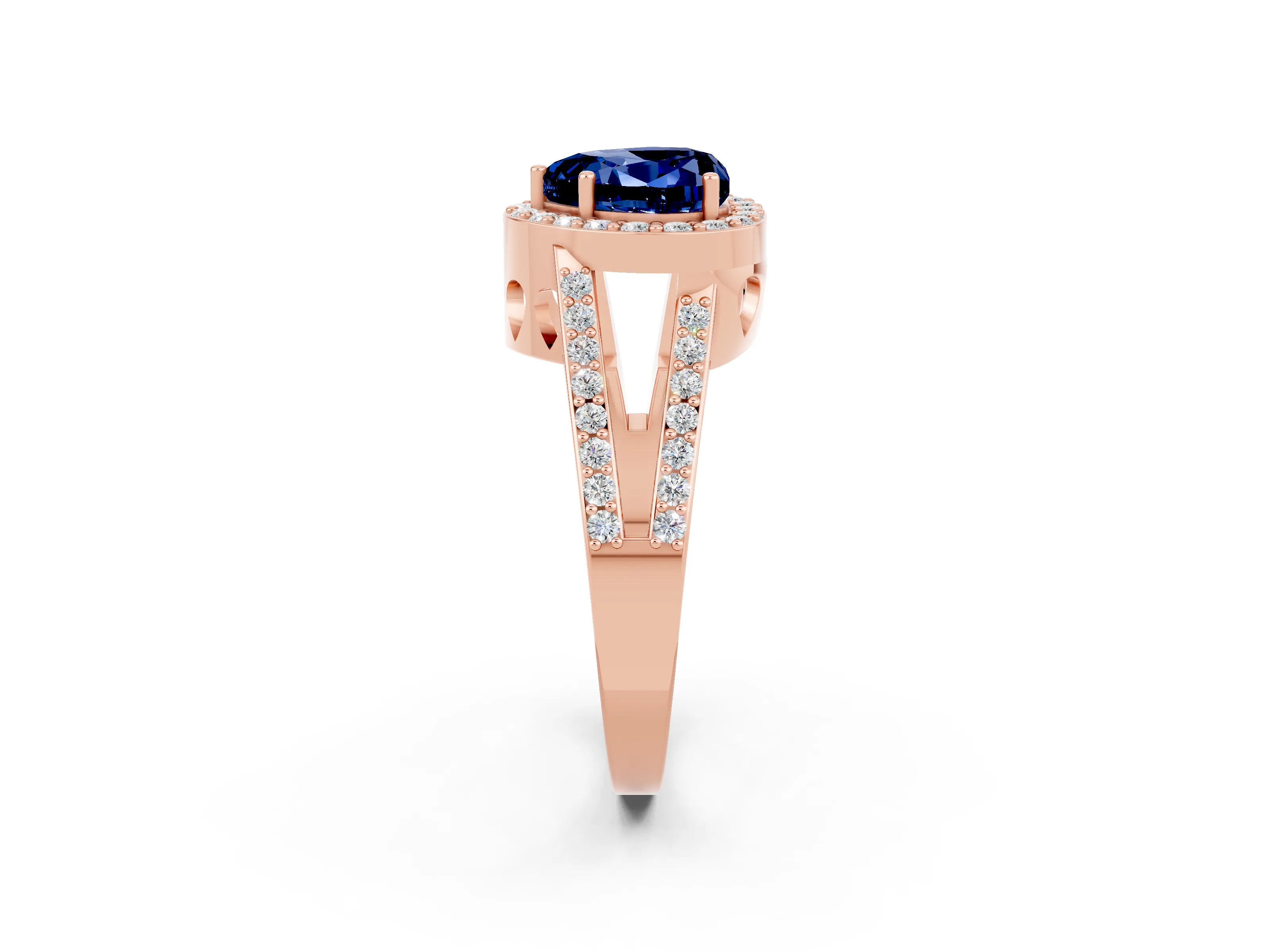 Rose gold Heart Cut Blue Sapphire Halo Ring with Split Shank U-Prong Band and Four-Prong Setting_2