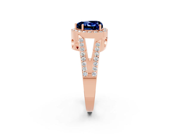 Rose gold Heart Cut Blue Sapphire Halo Ring with Split Shank U-Prong Band and Four-Prong Setting
