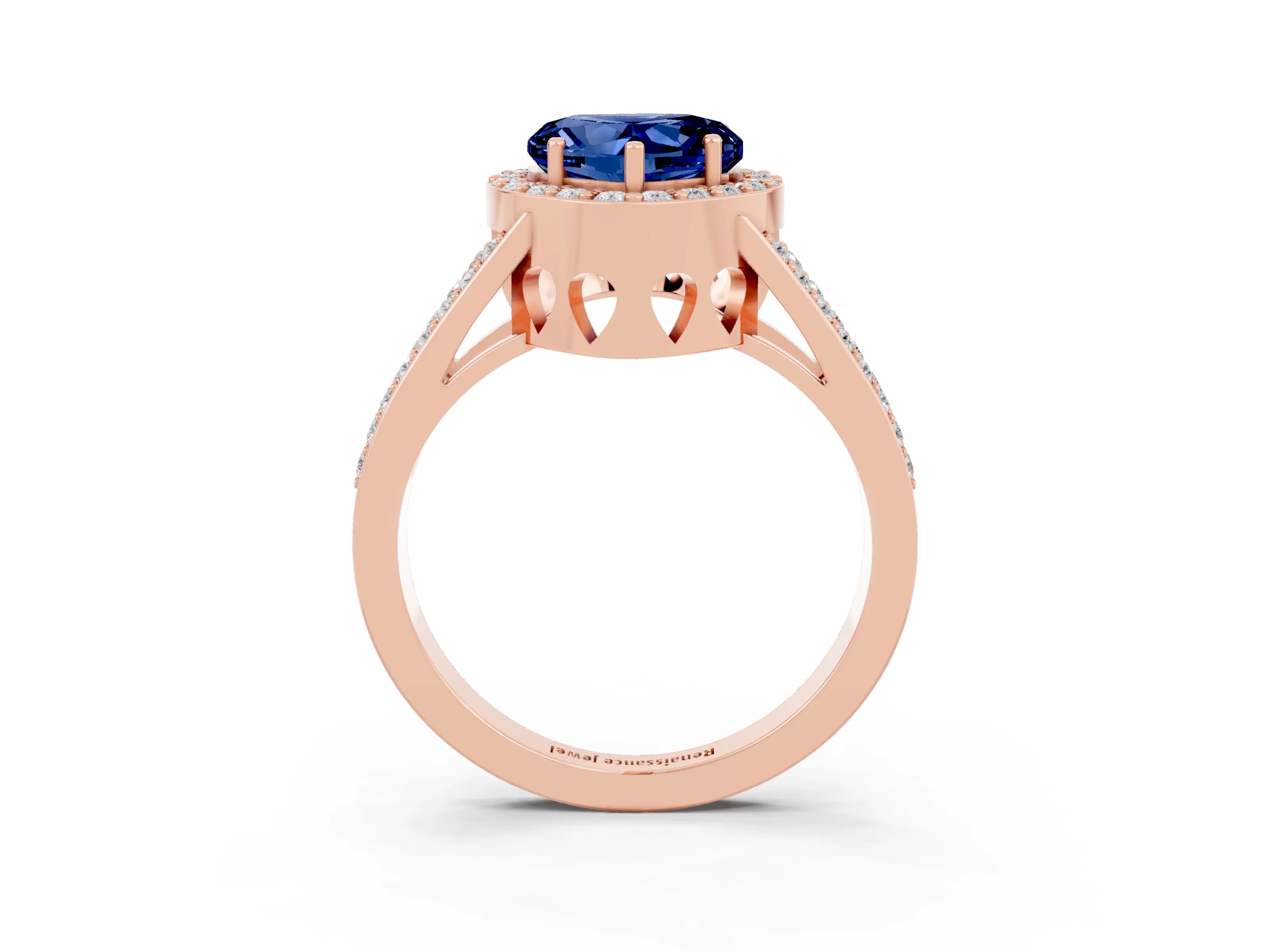 Rose gold Heart Cut Blue Sapphire Halo Ring with Split Shank U-Prong Band and Four-Prong Setting_3